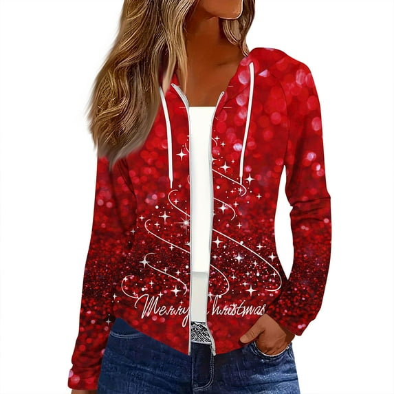 Women's Fashion Christmas Print Casual Zip-Up Long-Sleeve Hooded Jacket, for Outdoor Activities and Daily Use,Red,2XL