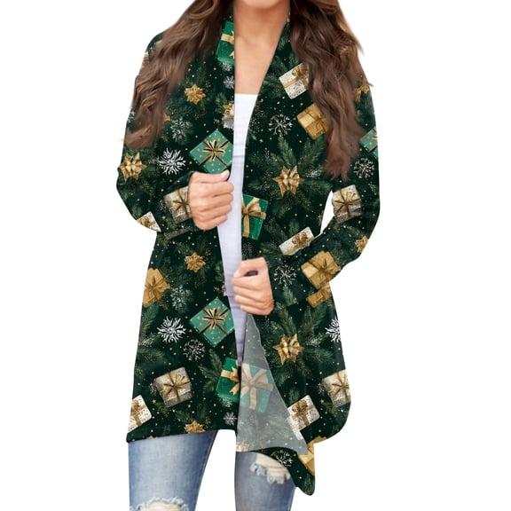 Women's Fashion Christmas Print Jacket, Long Sleeve Casual Cardigan Coat for Everyday Wear and Comfortable Outfits,Army Green,S