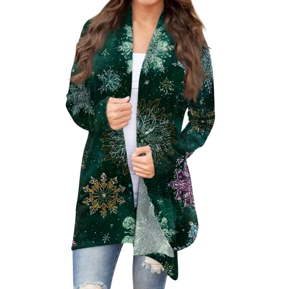 Women's Fashion Christmas Print Jacket, Long Sleeve Casual Cardigan Coat for Everyday Wear and Comfortable Outfits,Dark Green,S