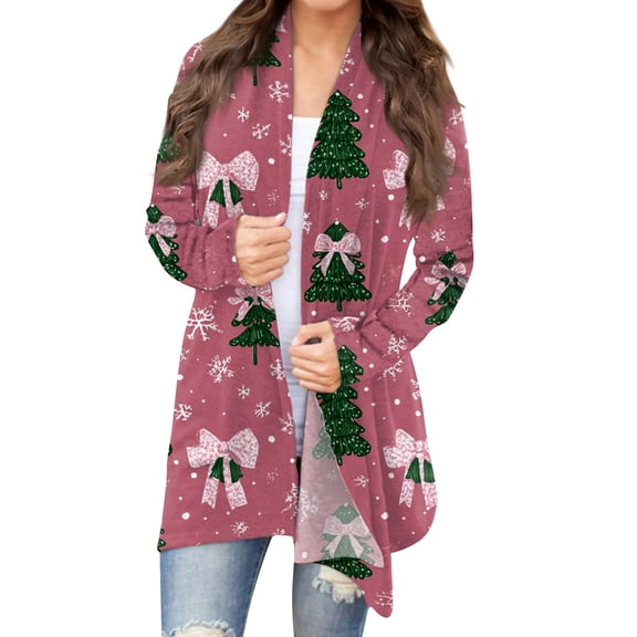 Women's Fashion Christmas Print Jacket, Long Sleeve Casual Cardigan Coat for Everyday Wear and Comfortable Outfits,Pink,L