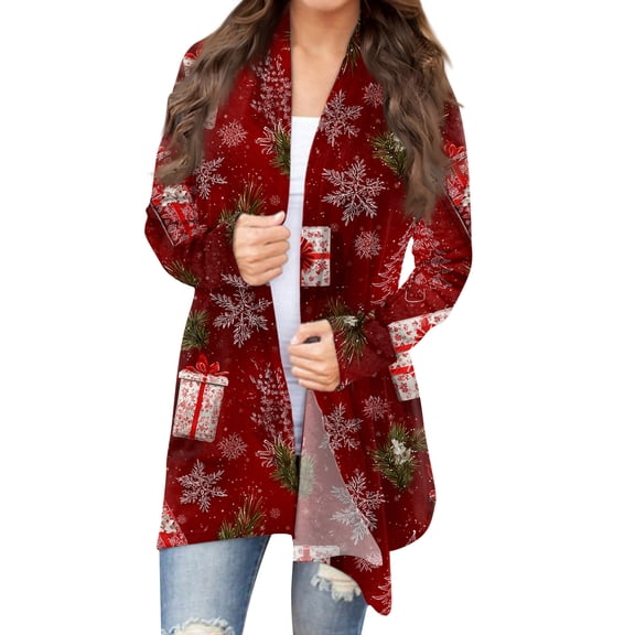Women's Fashion Christmas Print Jacket, Long Sleeve Casual Cardigan Coat for Everyday Wear and Comfortable Outfits,Red,M