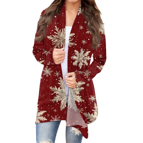 Women's Fashion Christmas Print Jacket, Long Sleeve Casual Cardigan Coat for Everyday Wear and Comfortable Outfits,Red,S