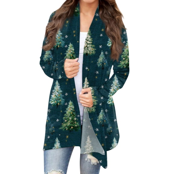 Women's Fashion Christmas Print Jacket, Long Sleeve Casual Cardigan Coat for Everyday Wear and Comfortable Outfits,Turquoise,2XL