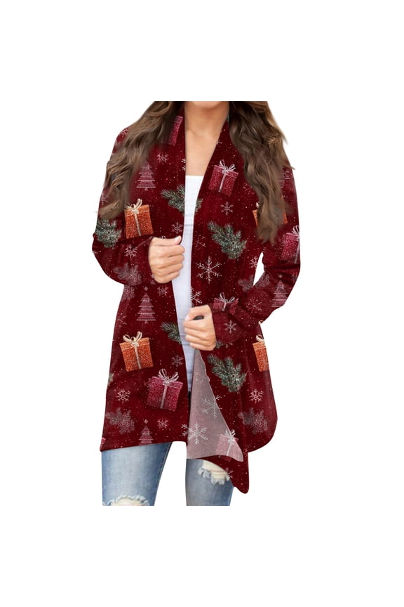 Women's Fashion Christmas Print Jacket, Long Sleeve Casual Cardigan Coat for Everyday Wear and Comfortable Outfits,Wine,M
