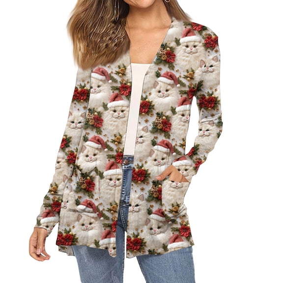 Women's Fashion Christmas Print Long-Sleeved Pocketed Slim-Fit Cardigan Coat for Holiday Party and Elegant Outerwear,Beige,M