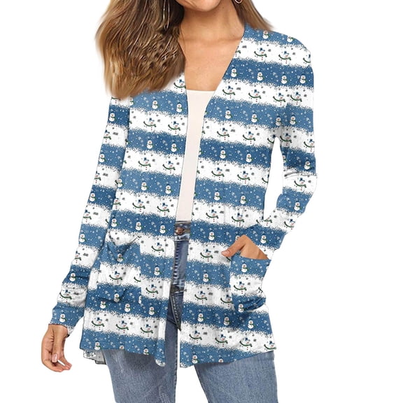 Women's Fashion Christmas Print Long-Sleeved Pocketed Slim-Fit Cardigan Coat for Holiday Party and Elegant Outerwear,Light Blue,S