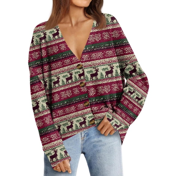 Women's Fashion Christmas Print V-Neck Button Loose Cardigan Top, Long Sleeve Knit Sweater for Casual Wear and Everyday Outfits,Dark Green,S