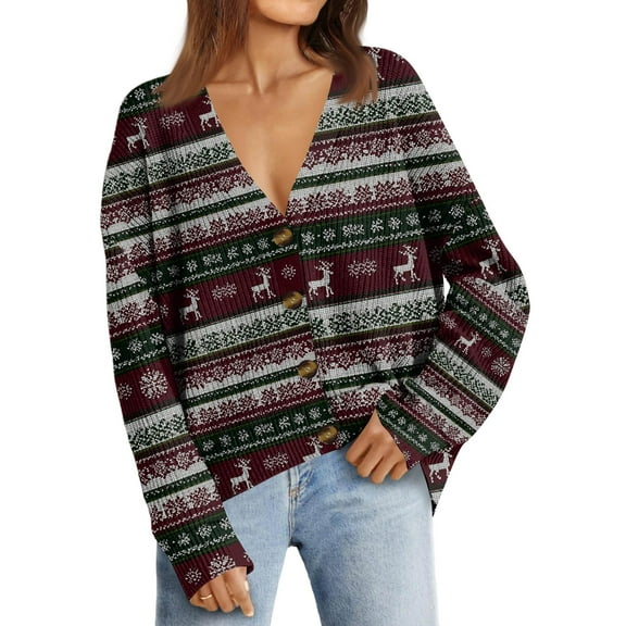 Women's Fashion Christmas Print V-Neck Button Loose Cardigan Top, Long Sleeve Knit Sweater for Casual Wear and Everyday Outfits,Wine,S