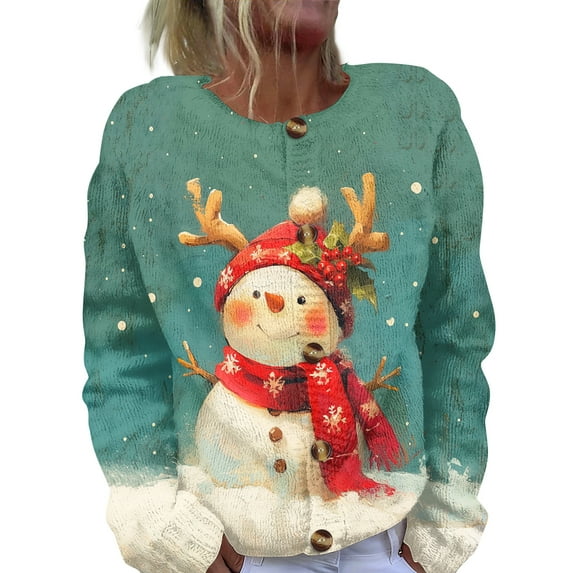 Women's Fashion Christmas Printed Long Sleeve Knitted Cardigan Button Down Jacket for Holiday Casual Wear and Festive Outfits,Green,L