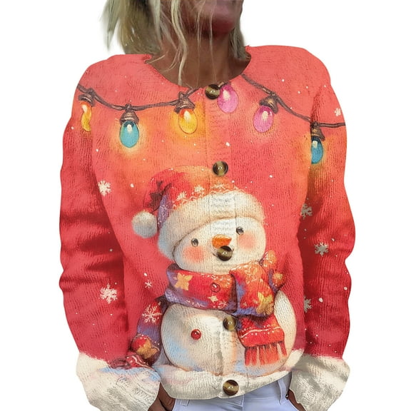 Women's Fashion Christmas Printed Long Sleeve Knitted Cardigan Button Down Jacket for Holiday Casual Wear and Festive Outfits,Hot Pink,S