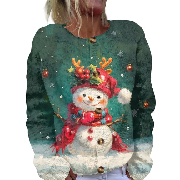 Women's Fashion Christmas Printed Long Sleeve Knitted Cardigan Button Down Jacket for Holiday Casual Wear and Festive Outfits,Mint Green,S