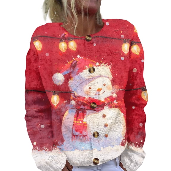 Women's Fashion Christmas Printed Long Sleeve Knitted Cardigan Button Down Jacket for Holiday Casual Wear and Festive Outfits,Red,S