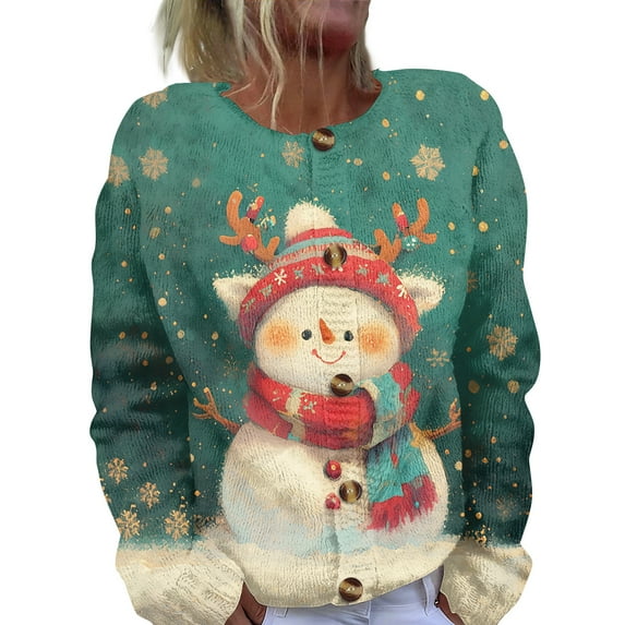 Women's Fashion Christmas Printed Long Sleeve Knitted Cardigan Button Down Jacket for Holiday Casual Wear and Festive Outfits,Turquoise,2XL