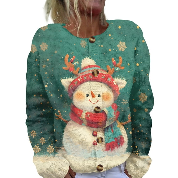 Women's Fashion Christmas Printed Long Sleeve Knitted Cardigan Button Down Jacket for Holiday Casual Wear and Festive Outfits,Turquoise,S