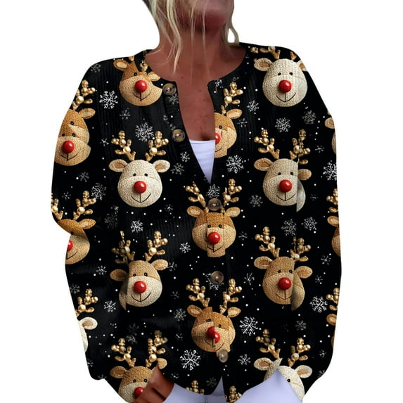Women's Fashion Christmas Printed Long Sleeve Knitted Cardigan Button Down Jacket for Holiday Casual Wear and Festive Style,Black,2XL
