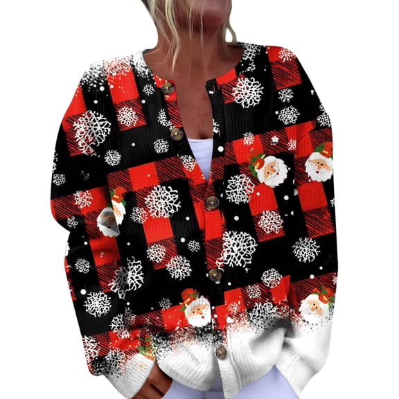 Women's Fashion Christmas Printed Long Sleeve Knitted Cardigan Button Down Jacket for Holiday Casual Wear and Festive Style,Black,L