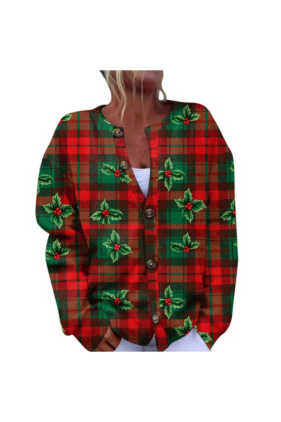 Women's Fashion Christmas Printed Long Sleeve Knitted Cardigan Button Down Jacket for Holiday Casual Wear and Festive Style,Green,XL