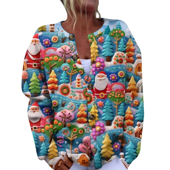 Women's Fashion Christmas Printed Long Sleeve Knitted Cardigan Button Down Jacket for Holiday Casual Wear and Festive Style,Multicolor,2XL