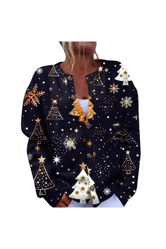 Women's Fashion Christmas Printed Long Sleeve Knitted Cardigan Button Down Jacket for Holiday Casual Wear and Festive Style,Navy,L