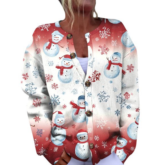Women's Fashion Christmas Printed Long Sleeve Knitted Cardigan Button Down Jacket for Holiday Casual Wear and Festive Style,White,M