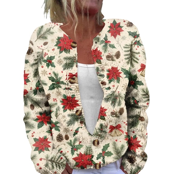 Women's Fashion Christmas Printed Long Sleeve Knitted Cardigan Button Down Jacket for Holiday Casual Wear and Women's Outerwear with Festive Design,Khaki,L