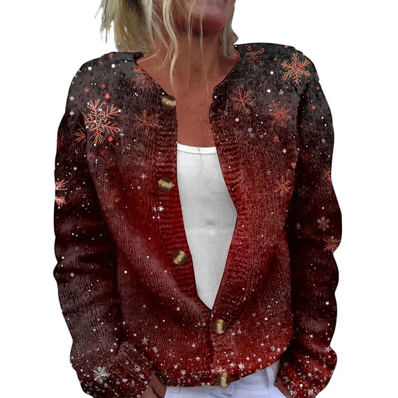Women's Fashion Christmas Printed Long Sleeve Knitted Cardigan Button Down Jacket for Holiday Casual Wear and Women's Outerwear with Festive Design,Wine,S