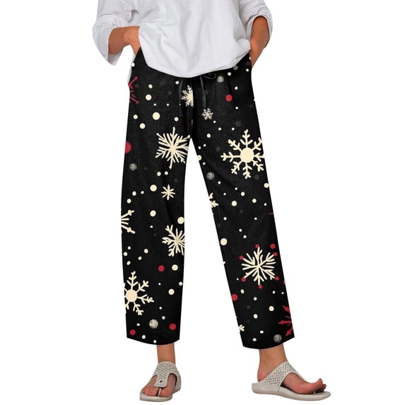 Women's Fashion Christmas Snowflakes Print Casual Pants with Drawstring Elastic Waist and Pockets, Comfortable Full Length Trousers for Winter Casual Wear,Black,L