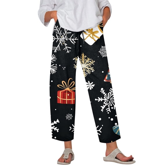 Women's Fashion Christmas Snowflakes Print Casual Pants with Drawstring Elastic Waist and Pockets, Comfortable Full Length Trousers for Winter Casual Wear,Dark Gray,M
