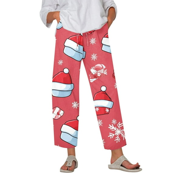 Women's Fashion Christmas Snowman Print Casual Pants with Drawstring Elastic Waist and Pockets, Full Length Trousers for Holiday Season and Daily Use,Watermelon Red,S