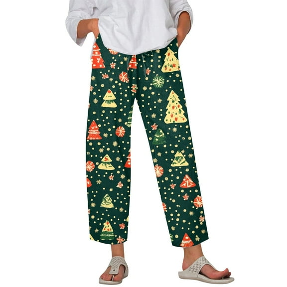 Women's Fashion Christmas Trees Print Casual Pants with Drawstring Elastic Waist and Pockets, Long Trousers for Festive Occasions and Home Lounging,Green,L
