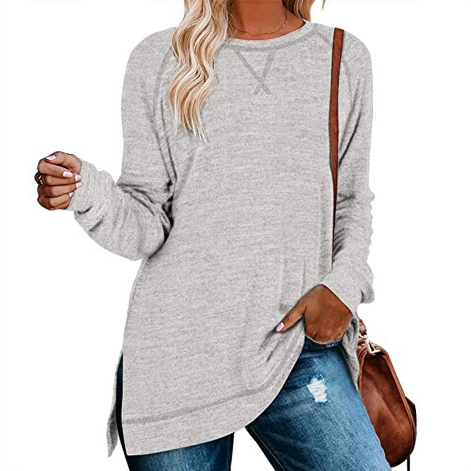 Women's Fashion Clothes Casual Solid Color Round Neck Pullover Top Long ...