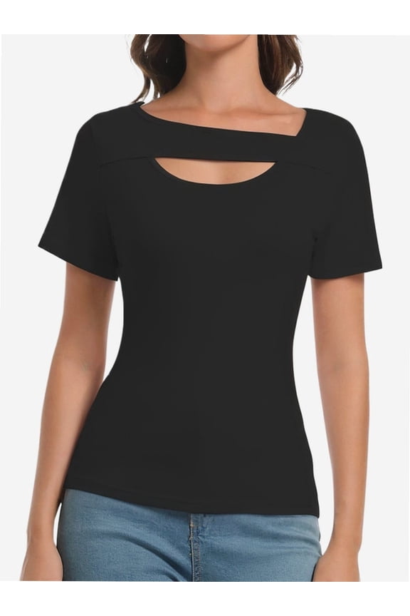 Women's Fashion Clothes One Piece Cutout Tops Short Sleeve Knit Slim Fitted Shirts Tee Tshirts