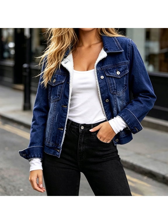 Women's Fashion Collar Long Sleeved Solid Color Button Pocket Fleece Lined Denim Jacket Outwear
