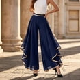 thumbnail image 1 of Women's Fashion Color Block Chiffon Wide Leg Flare Pants, High Waisted with Irregular Ruffle Hem, Casual Dress Trousers for Summer Daily Outfits Navy M, 1 of 5