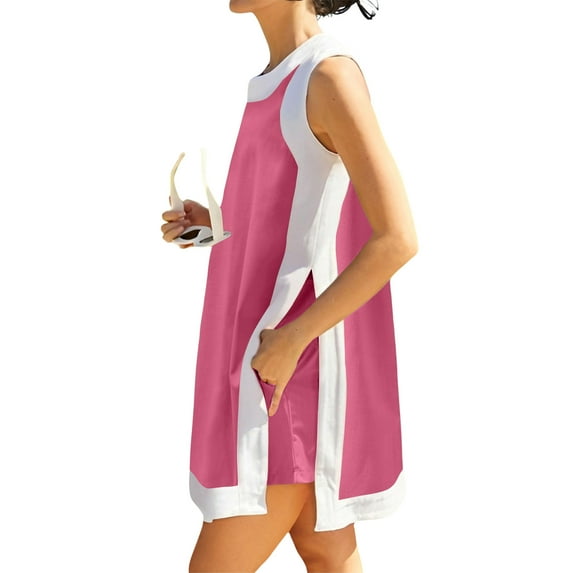 Women's Fashion Color Block Loose Side Slit Crewneck Sleeveless Pullover Tops With Pockets And Shorts Two-Piece Set