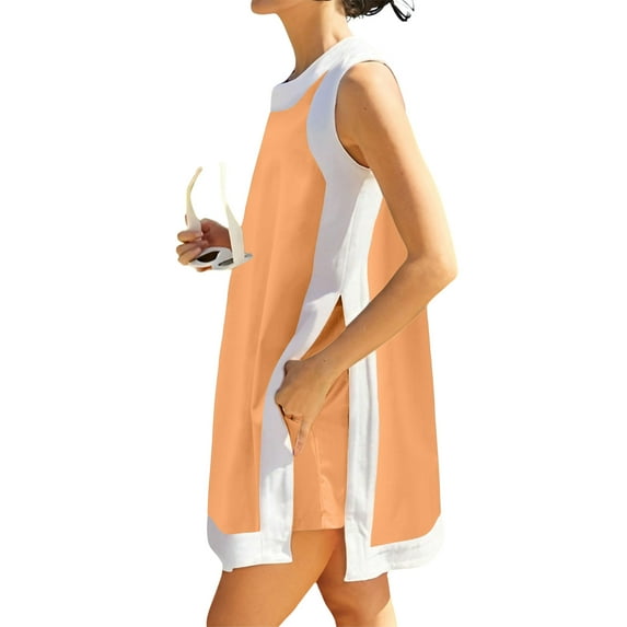 Women's Fashion Color Block Loose Side Slit Crewneck Sleeveless Pullover Tops With Pockets And Shorts Two-Piece Set