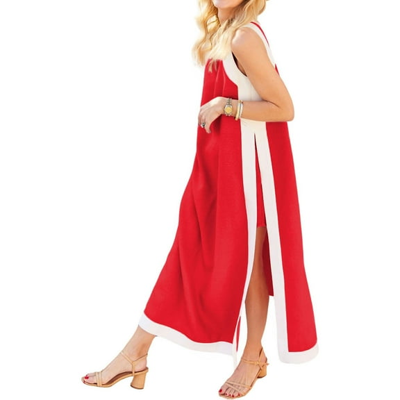 Women's Fashion Color Block Loose Sleeveless Side Slit Long Dress With Pockets And Shorts Two-Piece Set