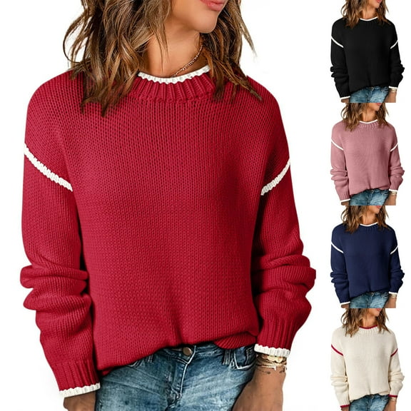 Women's Fashion Color Blocked Round Neck Long Sleeved Knitted Sweater Pullover Sweater Top for Fall Winter Stylish Casual Outfits,Navy,L