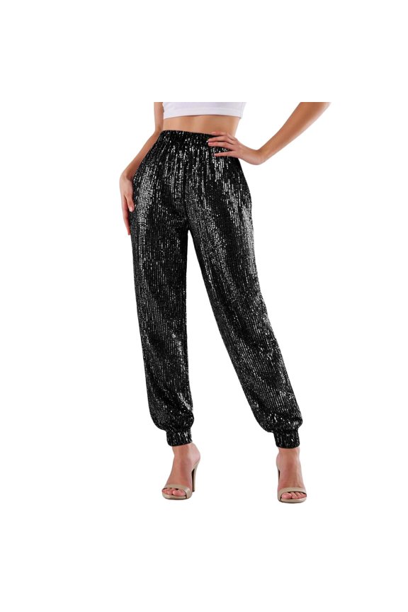 Women's Fashion Color Elastic Waist Pocket Shiny Pencil Pants Loose Leg Tight Casual Pants, Size S-2XL