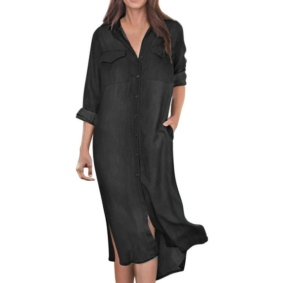 Women's Fashion Comfortable Loose Solid Color Shirt Collar Casual Long Dress