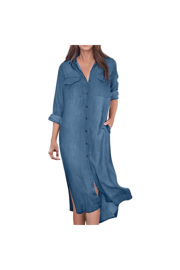 Women's Fashion Comfortable Loose Solid Color Shirt Collar Casual Long Dress