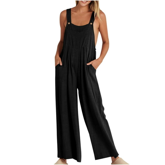Women's Fashion Cotton Linen Bib Overalls Loose Fit Solid Color Dual Pocket Jumpsuit Relaxed Wide Leg Pants Romper