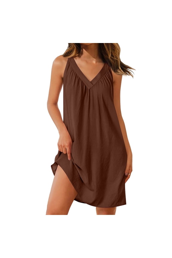 Women's Fashion Cotton Linen Night Gowns Loose Fit Nightdress Casual Sleeveless Solid Color V-neck Mini Evening Dresses