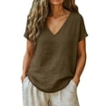thumbnail image 1 of Women's Fashion Cotton Linen Tops Loose V-Neck Short Sleeve Casual Blouse Shirts Coffee M, 1 of 6