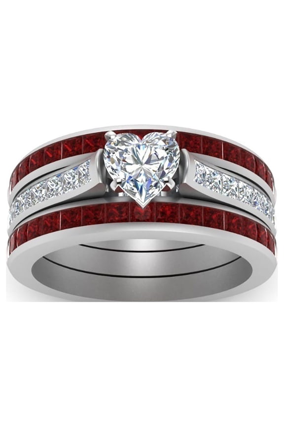 Women's Fashion Couple Ring Wood Grain Titanium Steel Heart Three Layer Ring Ring Set