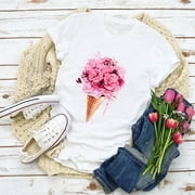 Women's Fashion Creative Floral Printed Round Necky Short Sleeve T-shir White XXXXL