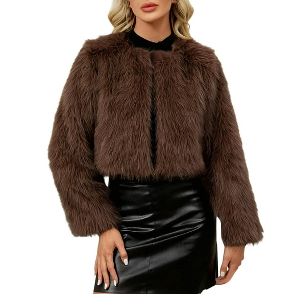 Women's Fashion Cropped Faux Fur Jacket Short Faux Fur Jacket Brown Long Sleeve Open Front Cardigan Shaggy Coat Jackets