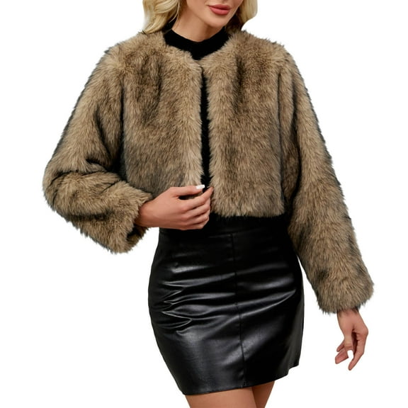 Women's Fashion Cropped Faux Fur Jacket Short Faux Fur Jacket Brown Long Sleeve Open Front Cardigan Shaggy Coat Jackets