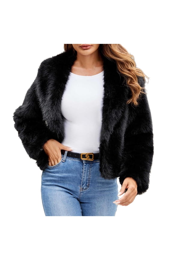 Women's Fashion Cropped Faux Fur Lapel Jacket Casual Long Sleeve Open Front Fluffy Outerwear Shaggy Short Coat