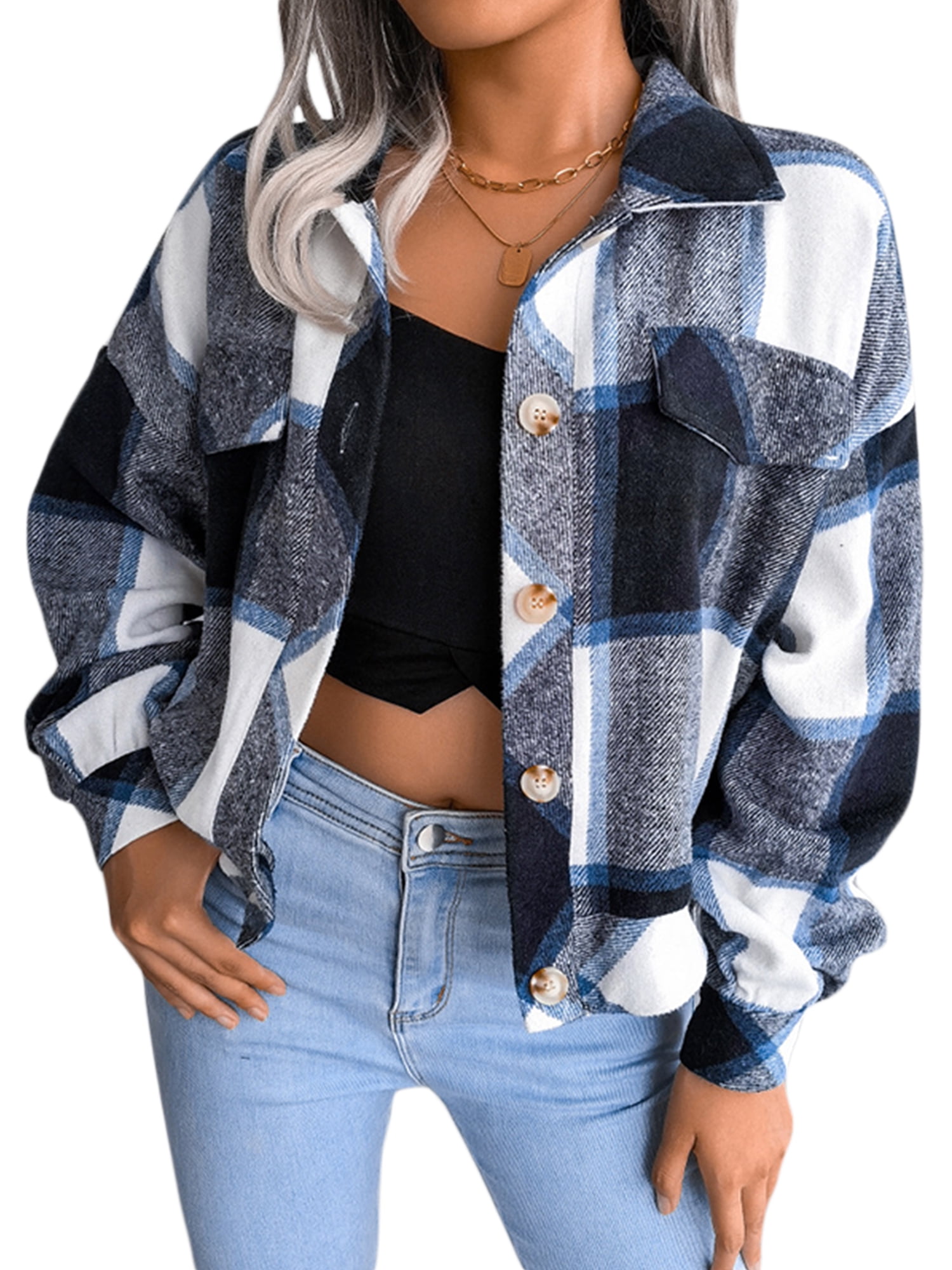  Huaqiao Womens Cropped Flannel Plaid Shacket Fall Long Sleeve  Button Down Shirts Jacket(Brown-S) : Clothing, Shoes & Jewelry